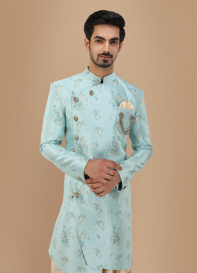 alt message - Manyavar Men Attractive Blue Indo Western Wear image number 0